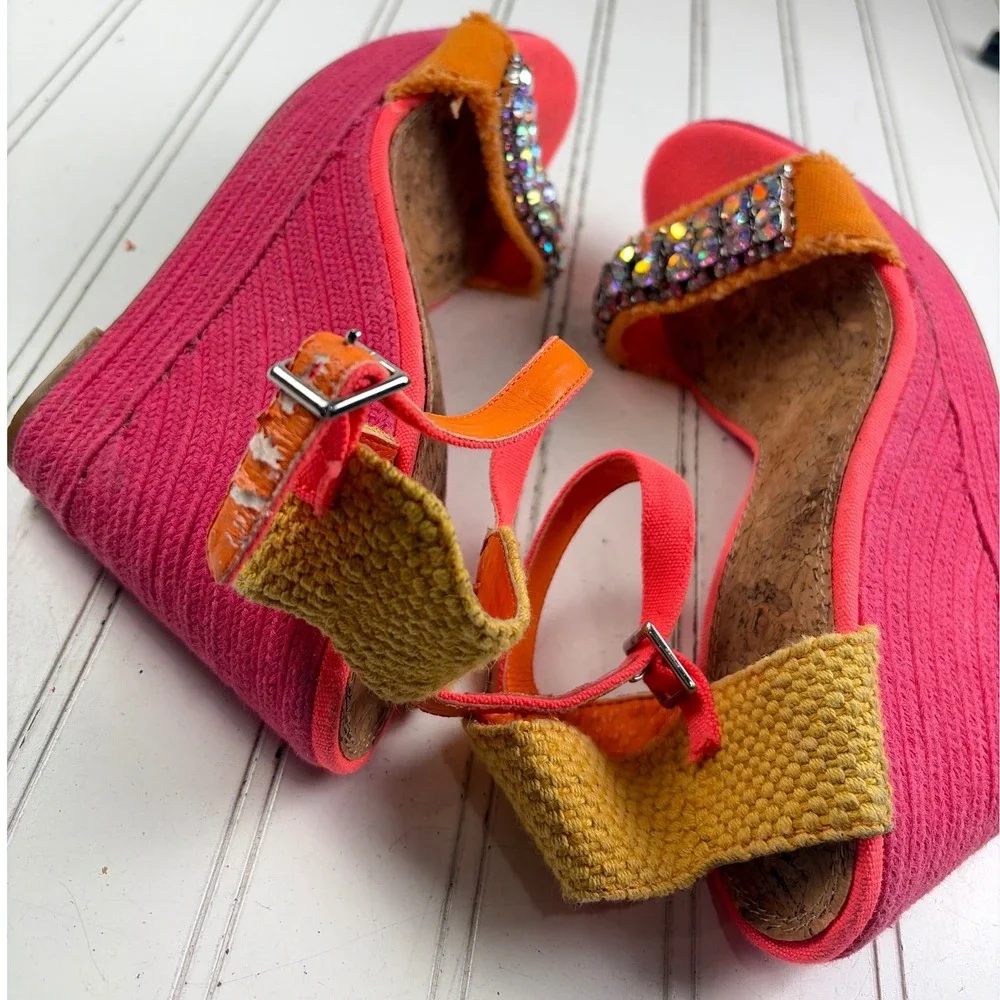 Gianni Bini Vintage Y2K Pink Orange Jeweled Wedge Heel Sandals Women's Size 10M